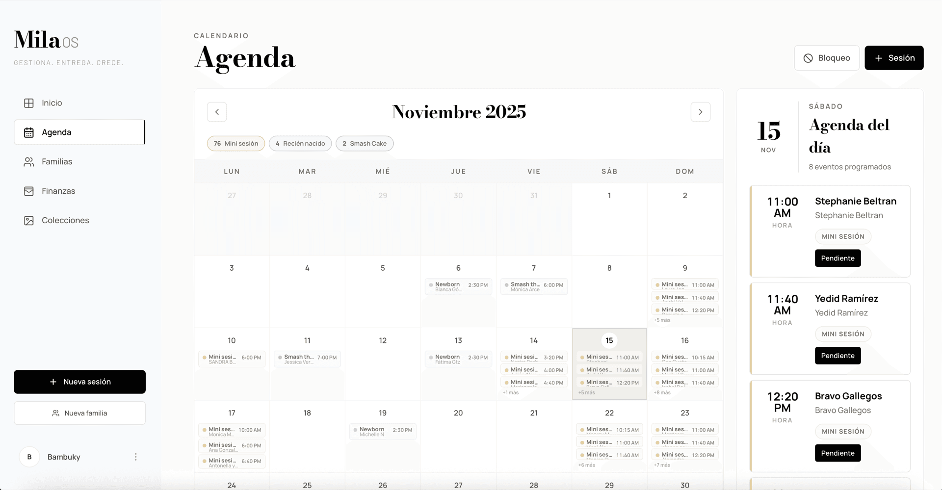 La agenda de Mila: un mes con mini sesiones, newborn y smash cake, y la agenda del día con cada familia